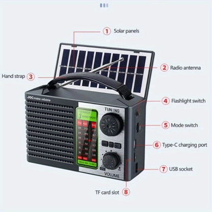 Emergency Solar Hand Crank Radio 5-in-1 with Dual Speaker, FM AM SW VHF, MP3 USB TF Card Player, 180° Foldable Solar Panel
