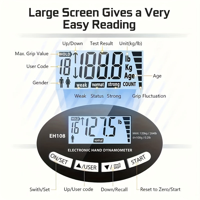 Fitness Equipment Electronic Hand Grip Dynamometer with LCD Adjustable Handle and 120kg Range