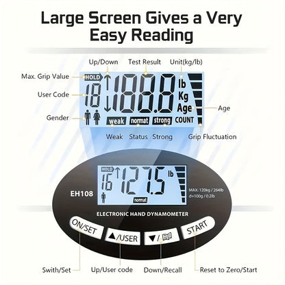 Fitness Equipment Electronic Hand Grip Dynamometer with LCD Adjustable Handle and 120kg Range