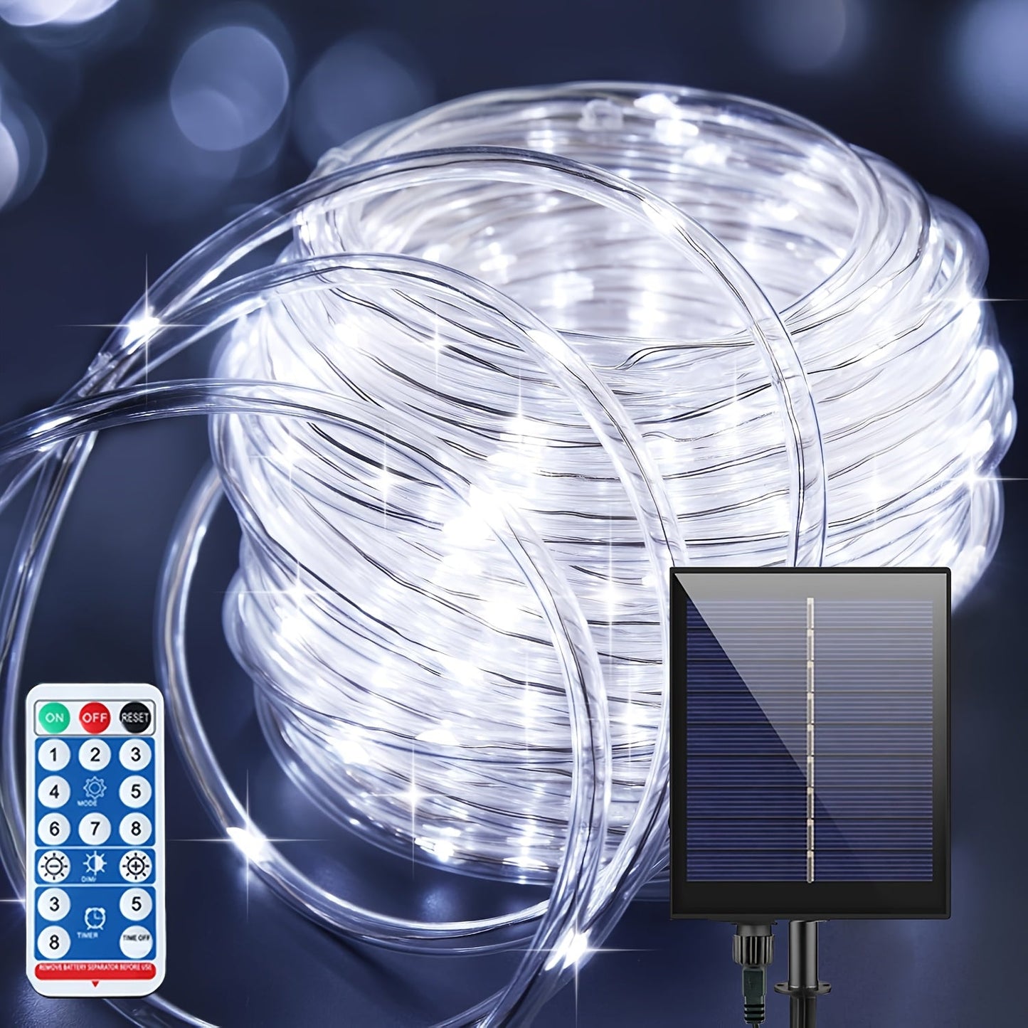 Solar Rope Lights Outdoor, Fairy String Lights with Remote Control 8 Modes 1200mAh Battery for Garden Patio Fence Tree Wedding Party