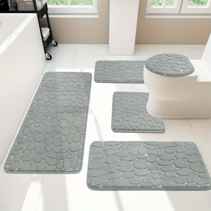 Memory Foam Bathroom Rug Set 5pcs – Non-Slip Absorbent Bath Mat Set for Sink Bathtub Shower Toilet, Machine Washable, Soft Plush Floor Mats