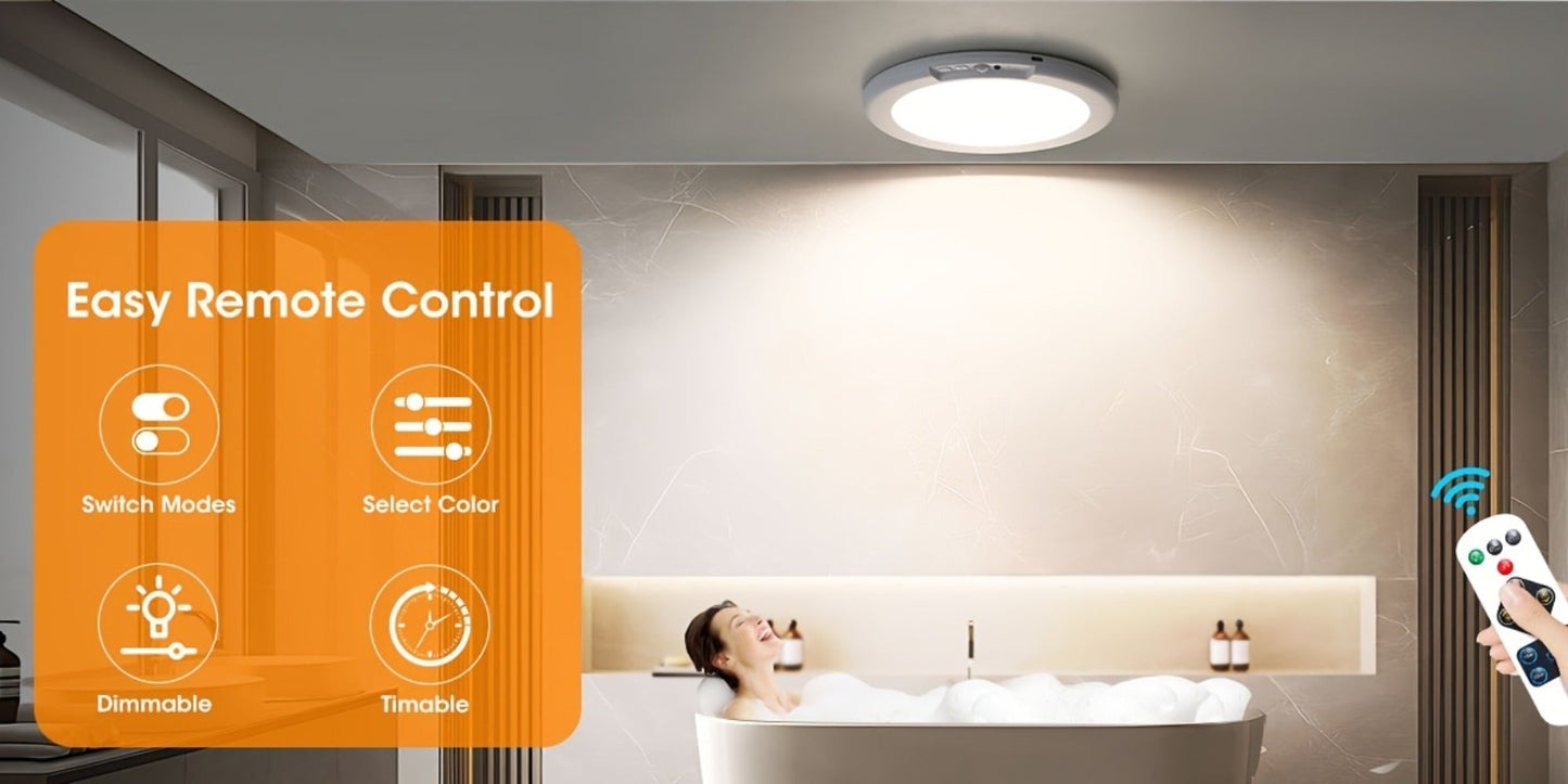Rechargeable LED Ceiling Light with Motion Sensor, Remote Control Dimmable, 3 Color Temps 3000K/4500K/6500K