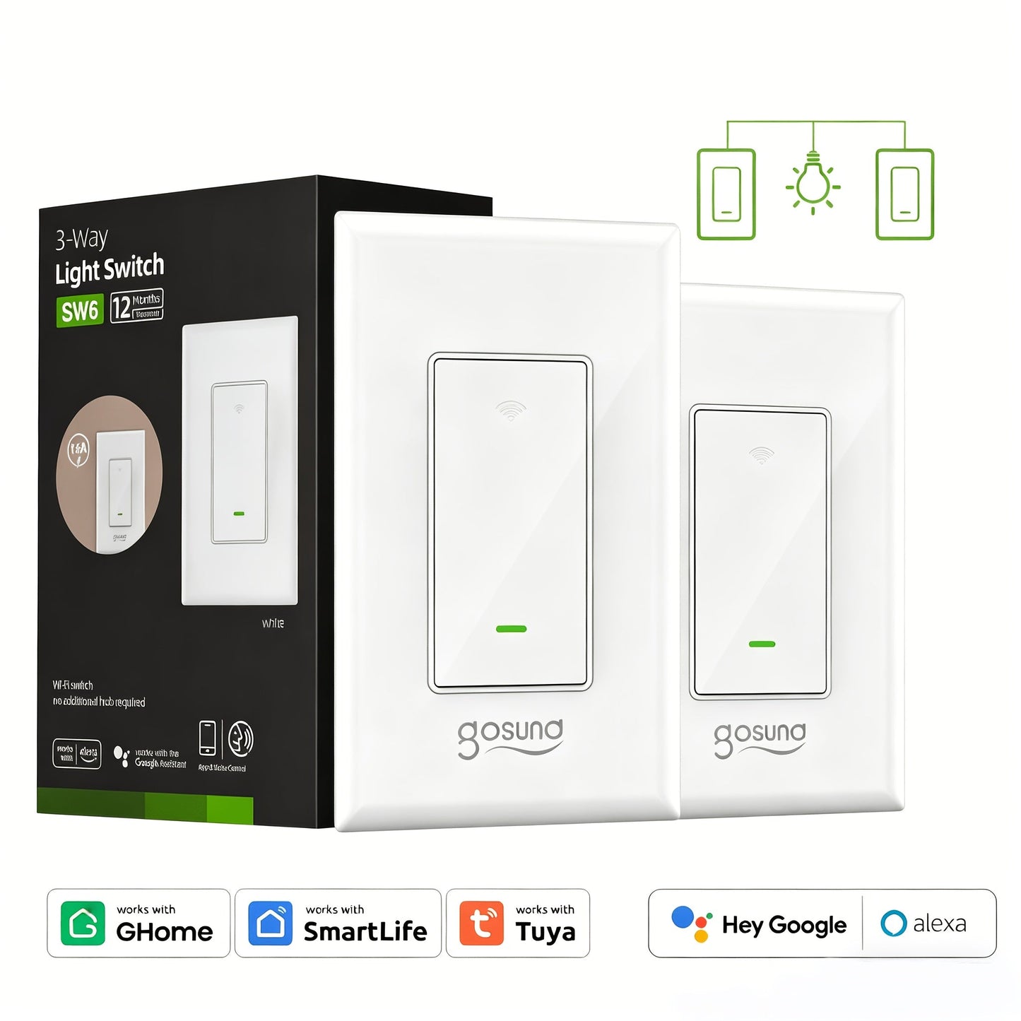White Single-Pole and 3-Way WiFi Wall Switch in One-, Two- or Four-Piece Packs with App, Voice and Timer Control