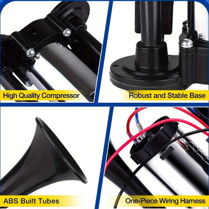 Dual Air Horn Kit 12V/24V 105-137dB with Air Compressor – Super Loud Aluminum Alloy Trumpet Horn for Truck, Train, SUV, Motorcycle