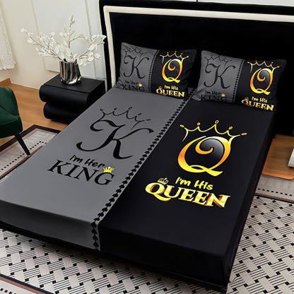 Bed Sheet Set 3 Piece Super Soft Microfiber Fitted Sheet with Pillowcases – Deep Pocket 15 Inch Crown Letter Print Color Block Bedding Twin