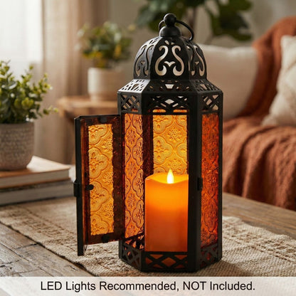 Moroccan Candle Lantern Holder - Decorative Metal & Glass Lantern with Embossed Floral Design for Indoor Home Decor