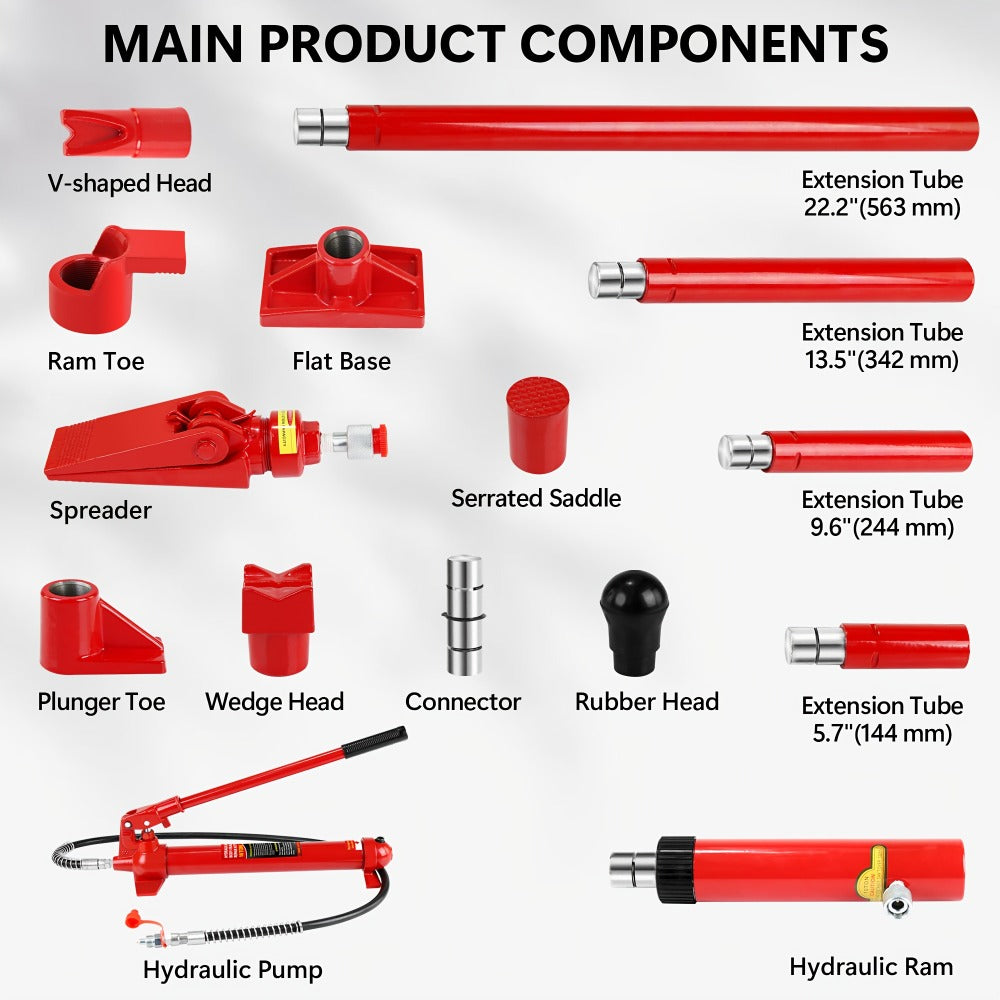 Porta Power Hydraulic Jack Kit 4 / 10 / 20 Ton, High Carbon Steel Body Repair Ram Set for Pulling Pushing Lifting Bending Straightening