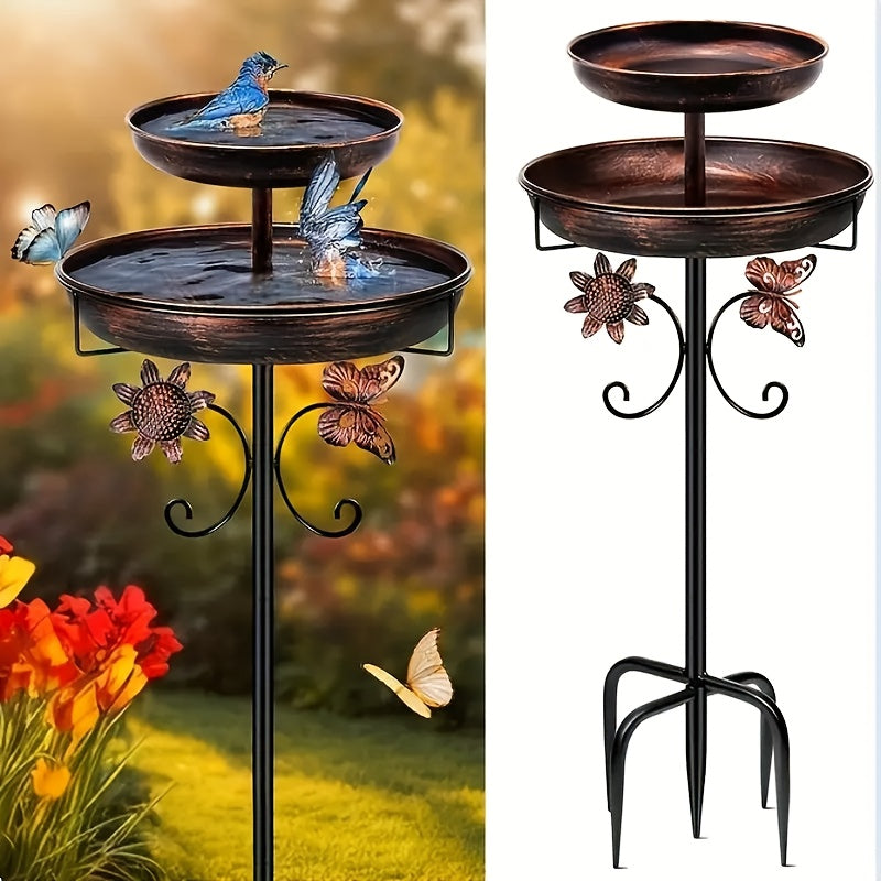 Two-Tier Bird Bath and Feeder with 5-Claw Ground Stake, Copper-Color Bowls and Leaf Accents