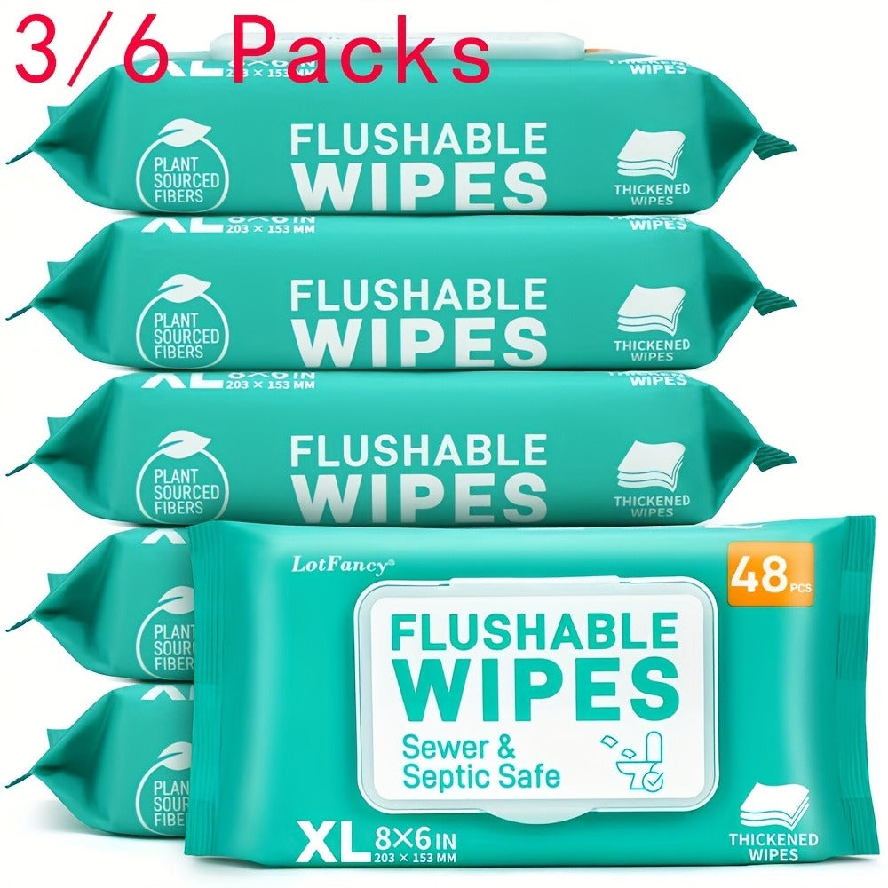 Flushable Wet Wipes Extra Large Thickened 48ct, Alcohol-Free Plant-Based Butt Wipes, Septic Safe