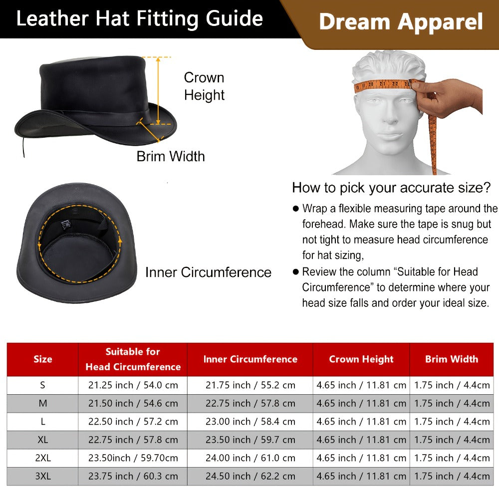 Genuine Leather Top Hat Steampunk Gentleman Shapeable Brim, Real Cowhide Low Crown Topper for Men & Women S-3XL