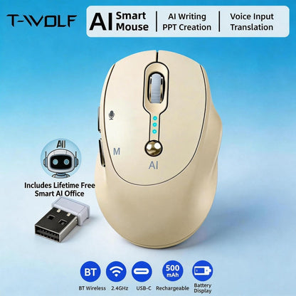 AI Smart Wireless Mouse with Voice-to-Text Real-Time Translation AI Writing PPT Creation Silent BT+2.4G Dual Mode Rechargeable Battery