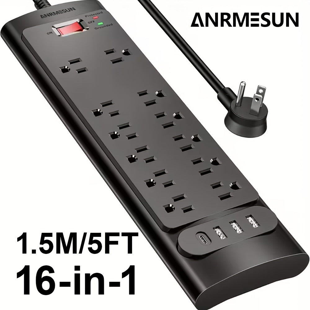 Surge Protector Power Strip 16-in-1 ANRMESUN with 12 AC Outlets, 3 USB-A, 1 USB-C, 2980J Marking and 5 ft Cord