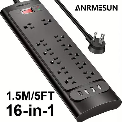 Surge Protector Power Strip 16-in-1 ANRMESUN with 12 AC Outlets, 3 USB-A, 1 USB-C, 2980J Marking and 5 ft Cord