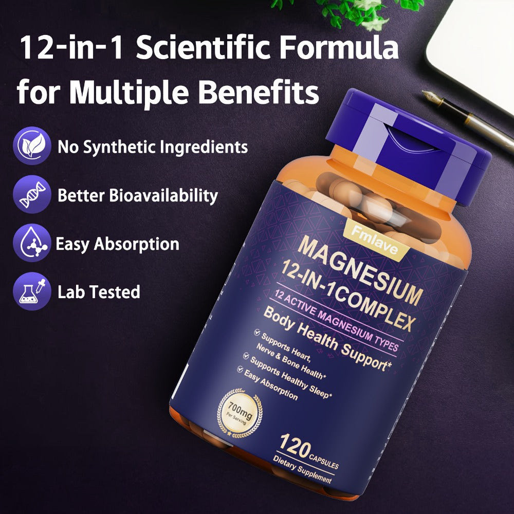 Magnesium Glycinate 700mg 12-in-1 Complex Capsules with Citrate Malate Taurate Carbonate & Oxide