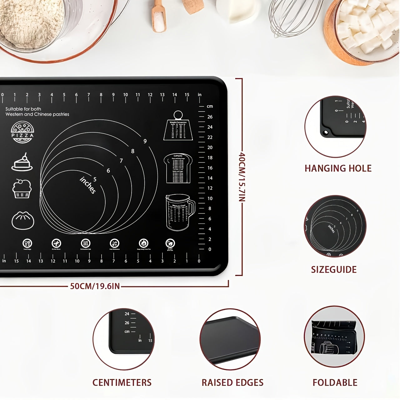 Silicone Pastry Mat Extra Thick Baking Mat with Measurements for Dough Rolling Pizza Cake for Entryways, Bedrooms and Living Spaces
