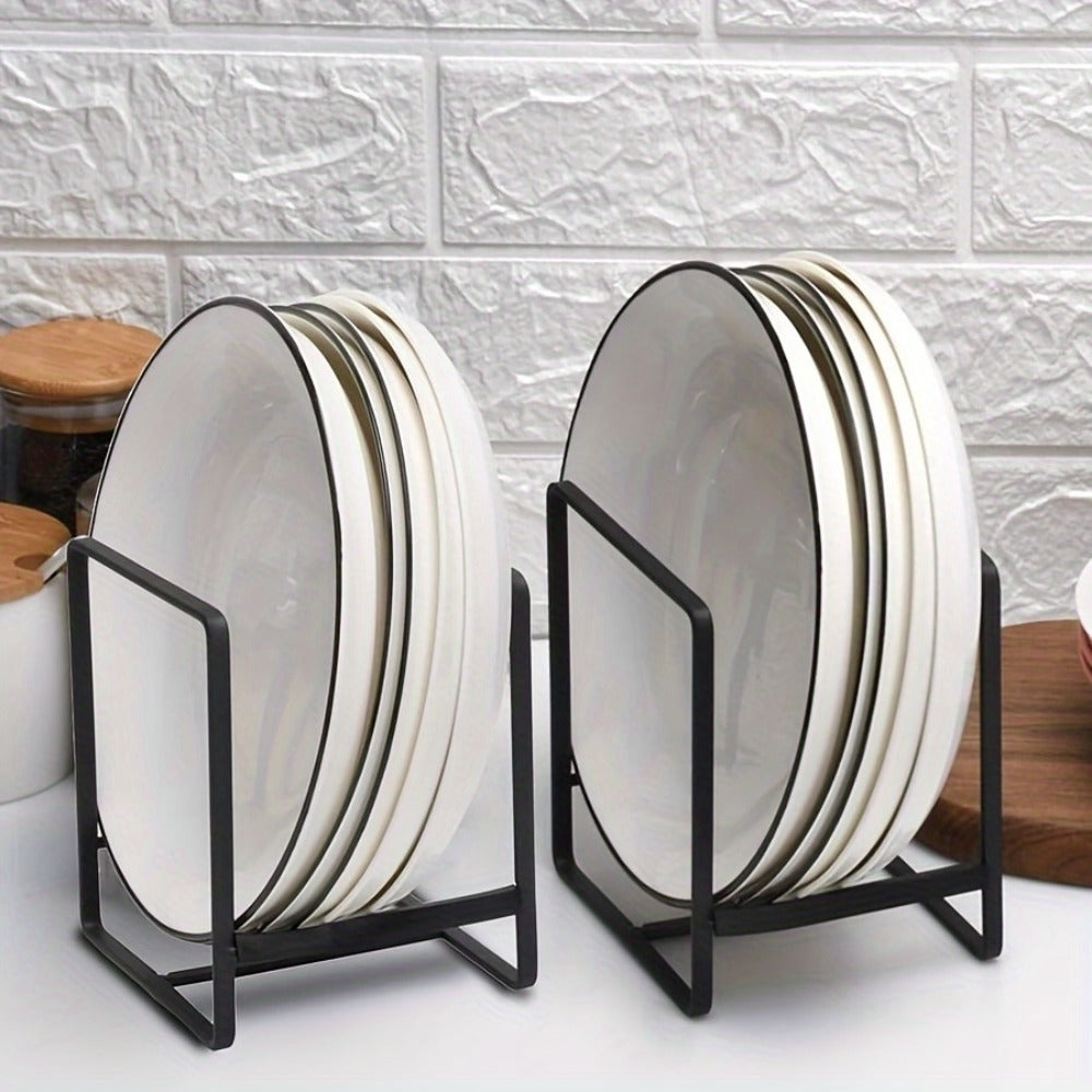 Four-Piece Black Dish Rack Set with Individual Plate Holders for Cabinets, Shelves or Kitchen Countertops
