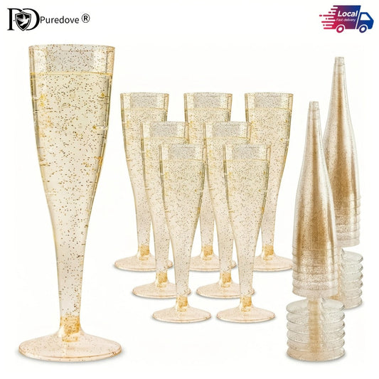 Plastic Champagne Flutes Bulk 25 50 Pack Disposable Reusable Golden Glitter Champagne Glasses for Entryways, Bedrooms and Living Spaces