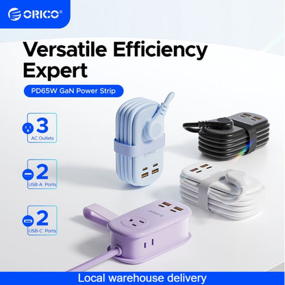GaN 65W Portable Power Strip Fast Charging - 3 AC Outlets, 2 USB-C & 2 USB-A Ports, Flat Plug, 50-inch Cable