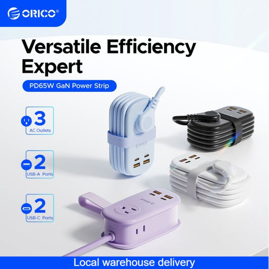 GaN 65W Portable Power Strip Fast Charging - 3 AC Outlets, 2 USB-C & 2 USB-A Ports, Flat Plug, 50-inch Cable