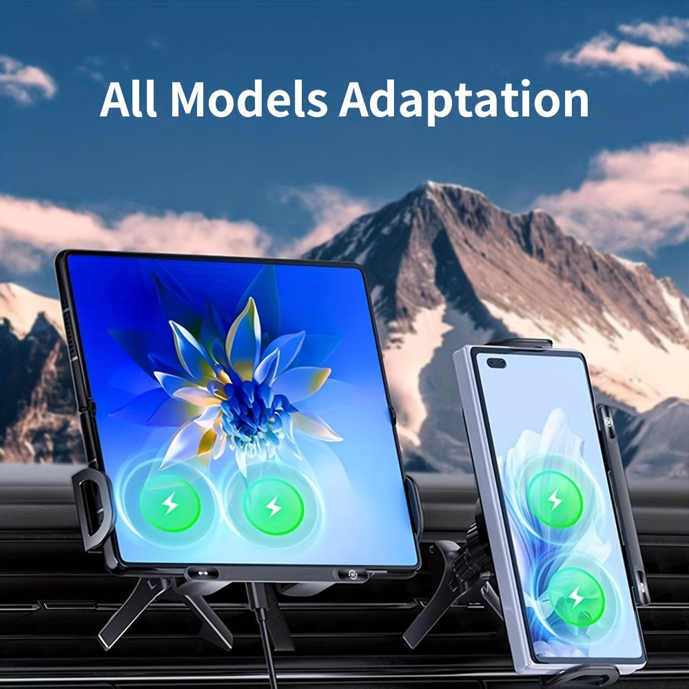 Dual-Coil Wireless Charging Car Mount with 15W Label, Fold-Screen Support and Three Configurations
