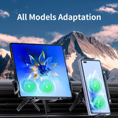 Dual-Coil Wireless Charging Car Mount with 15W Label, Fold-Screen Support and Three Configurations