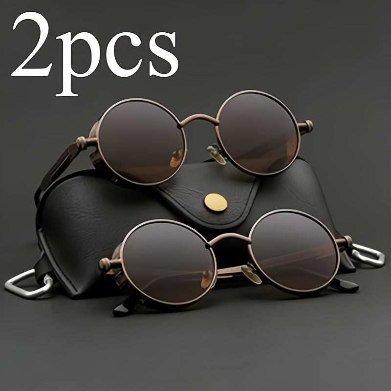 Retro Round Metal Frame Glasses with Spring Hinges Brown Decorative Lenses Lightweight Durable Vintage Circle Eyewear for Men Women Casual