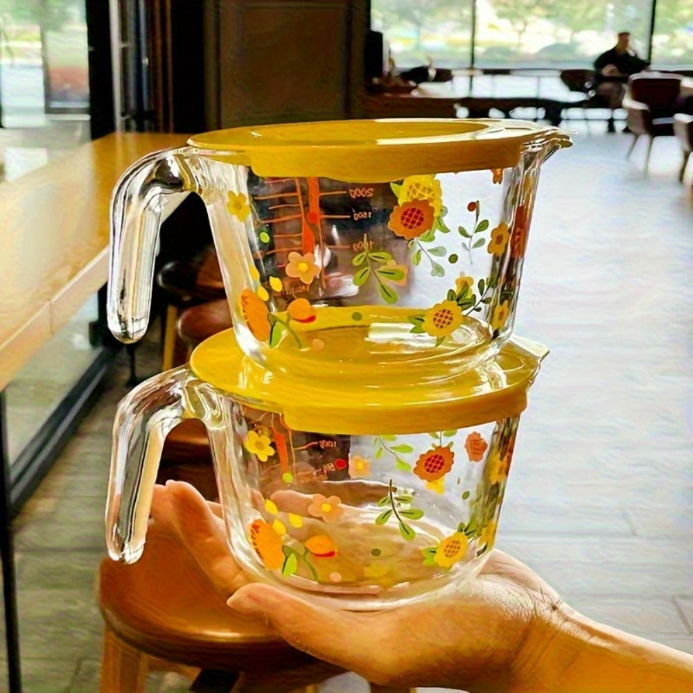 Glass Measuring Cup Floral Pattern Transparent Microwave Oven Freezer Safe 13.56 oz 16.91 oz for Home Cooking, Dining and Outdoor Meals