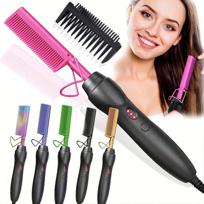 Electric Hot Comb Hair Styling Tool with Ceramic Heater, Holder, Two Clips and Five Color Options