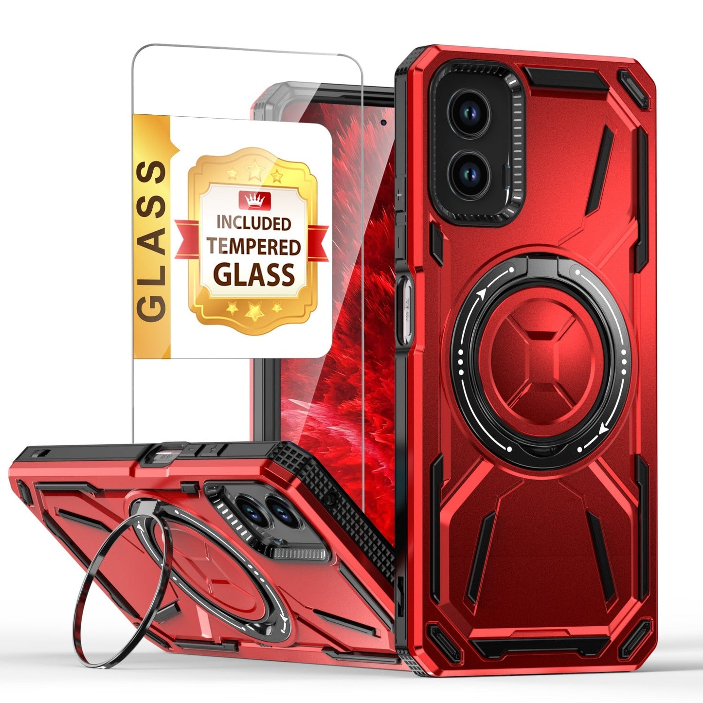 Phone Case Ring Stand Cover with Tempered Glass Protector for Motorola Moto G 5G 2024 in Four Colors