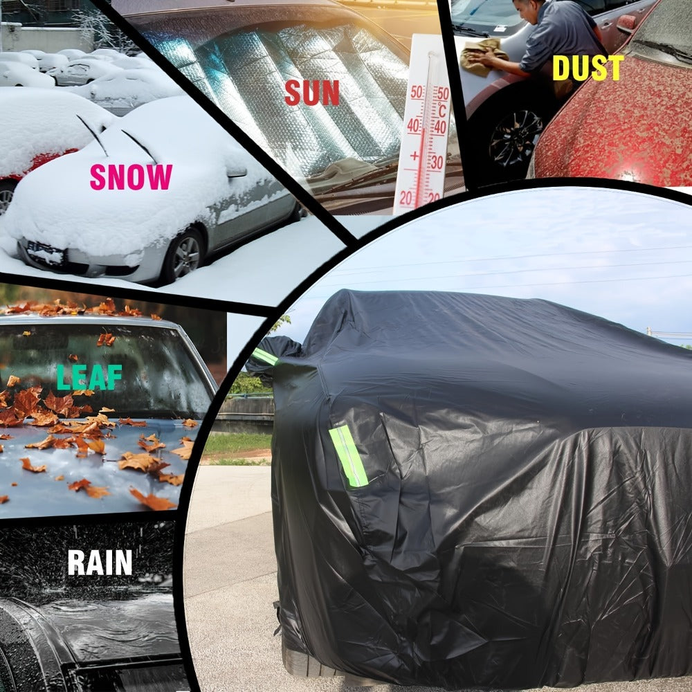 Black Full Car Cover in 190T Silver-Coated Cloth with Green Reflective Strips, Storage Bag and Six Sedan or SUV Sizes