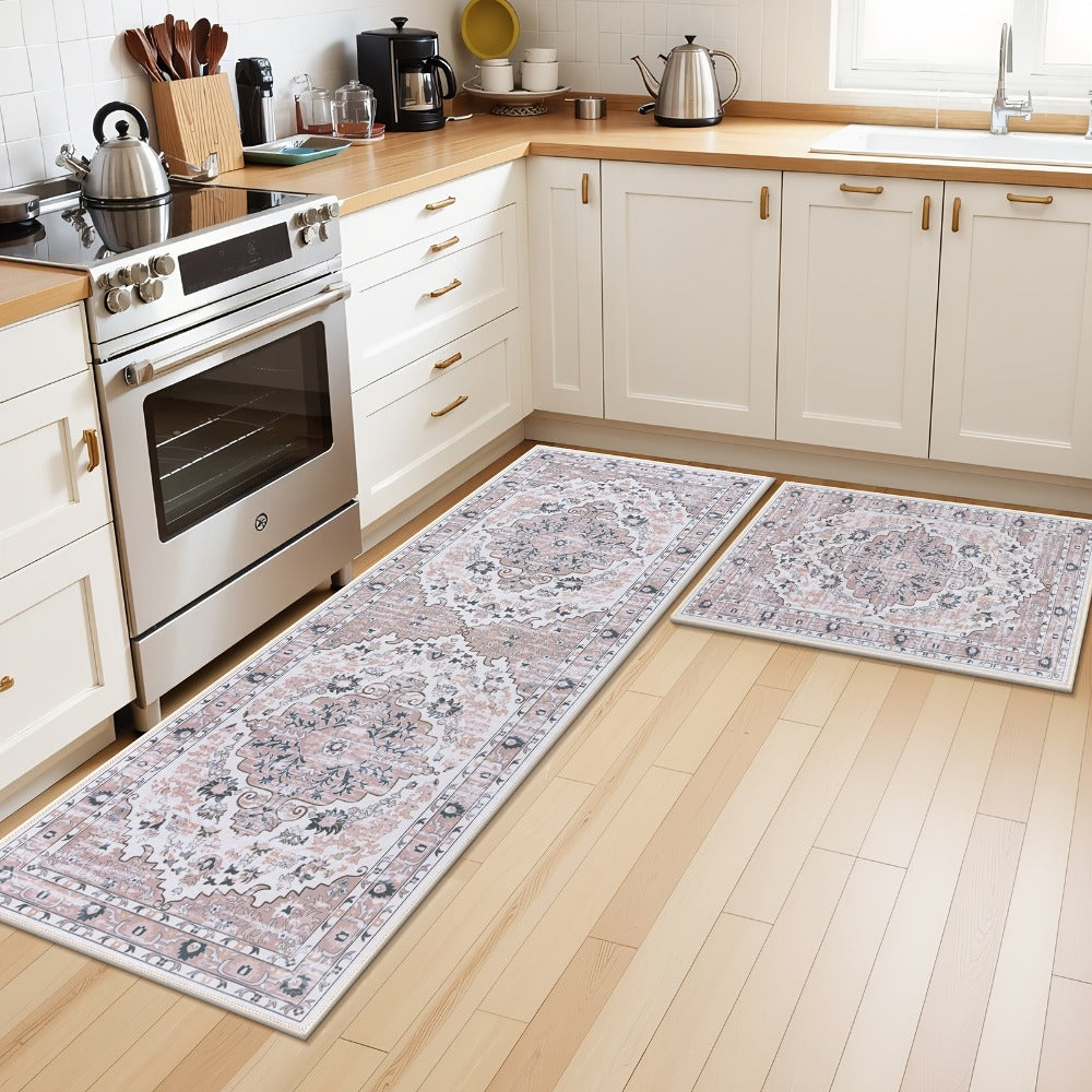 Kitchen Mat Set, 2-Piece Boho Distressed Cushioned Rugs in Five Color Patterns with 17.3x28 and 17.3x48-Inch Sizes