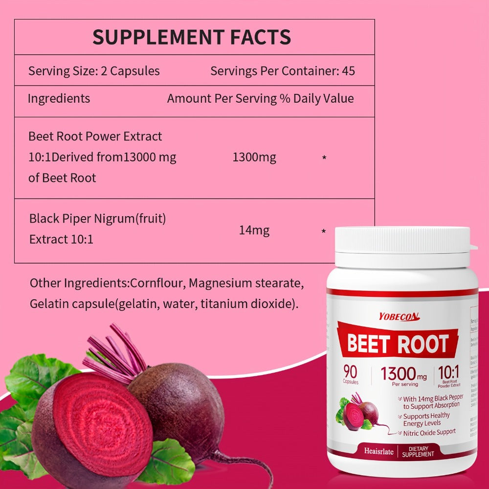 Dietary Supplement Capsules with YOBECO Label, Beet Root Extract 1300mg, Black Pepper and 90 Count