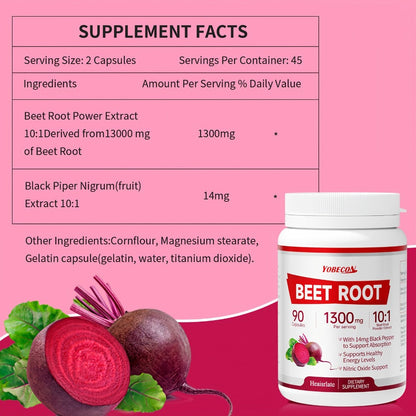 Dietary Supplement Capsules with YOBECO Label, Beet Root Extract 1300mg, Black Pepper and 90 Count