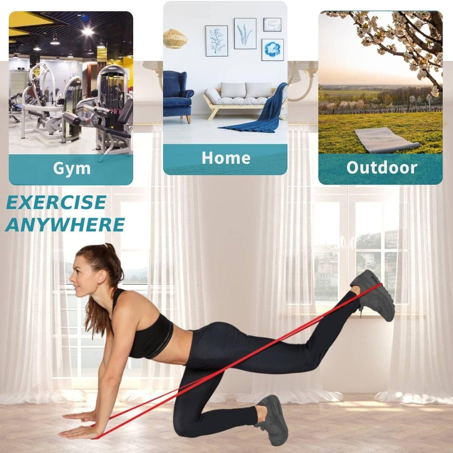 Four-Piece Mixed-Color Long Loop Resistance Band Set with Drawstring Bag and Pictured 5-125 lb Labels