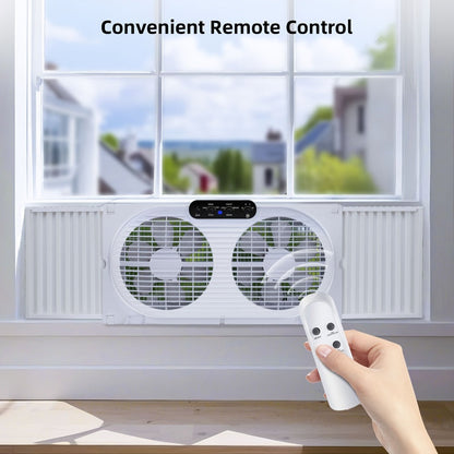 Twin Window Fan 9 Inch Dual Blade, Expandable Width with Thermostat and Remote Control for Home Cooking, Dining and Outdoor Meals