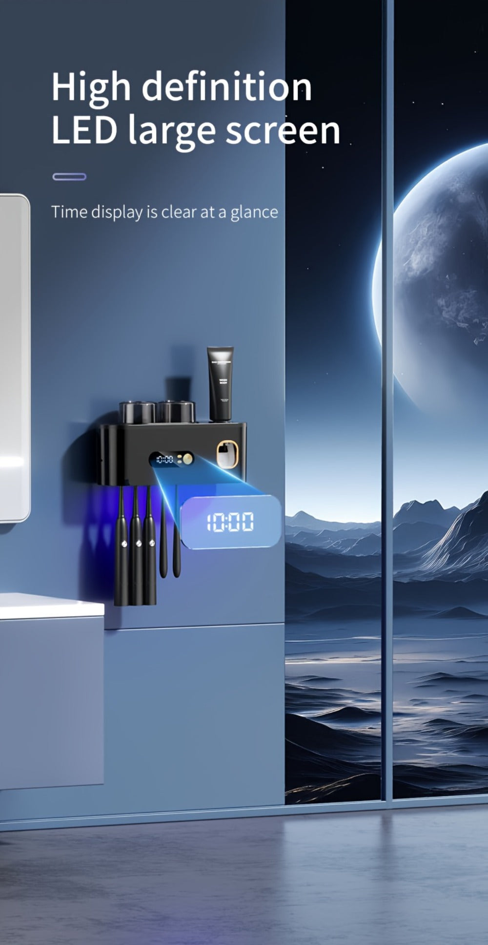 Five-Slot Wall-Mounted Toothbrush Holder with Two Cups, Toothpaste Dispenser and Digital Display