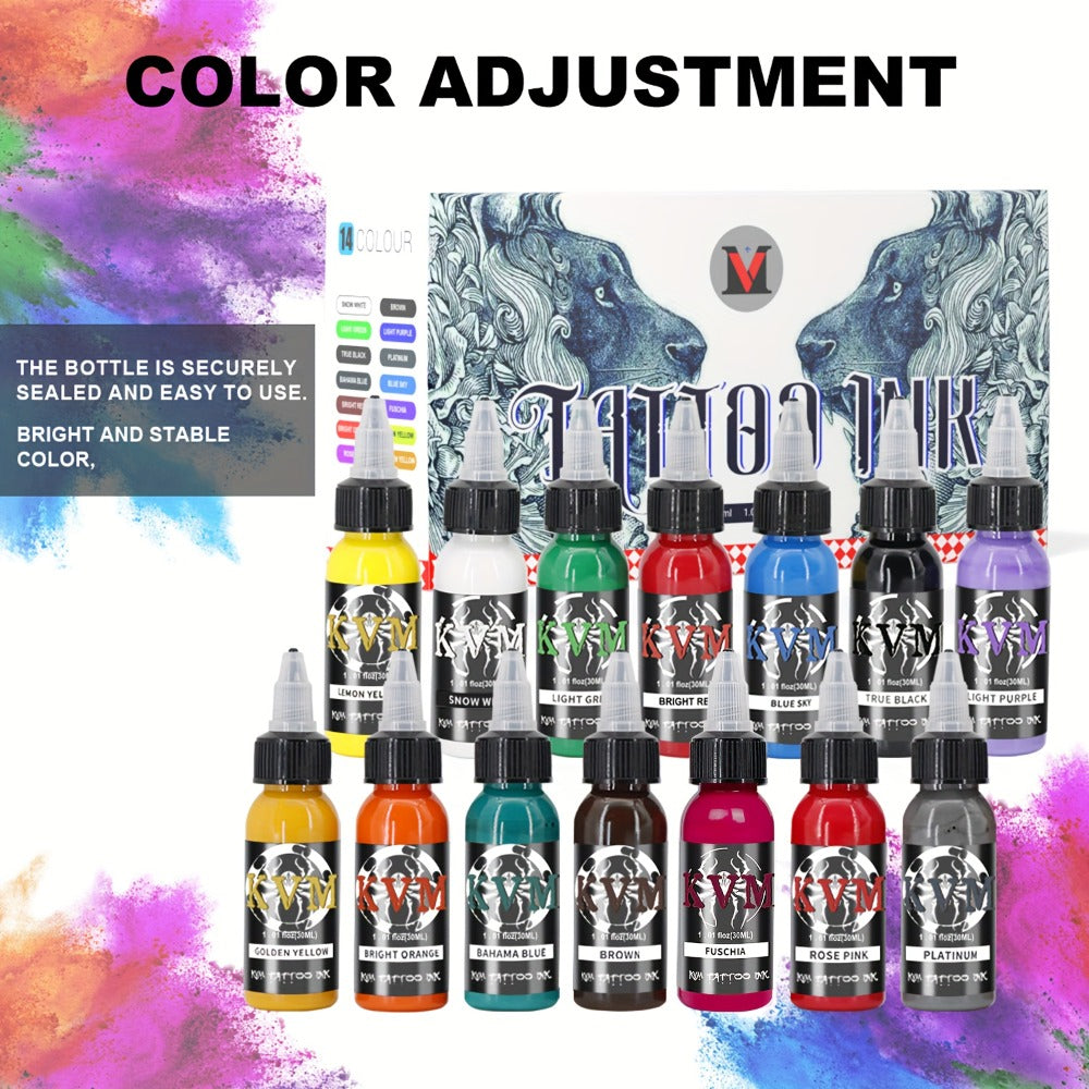 Tattoo Ink 7- or 14-Color Set with 1oz 30ml Bottles and Three Palette Configurations with Item-Specific Color, Capacity and Bottle Choices