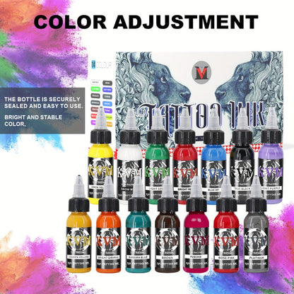 Tattoo Ink 7- or 14-Color Set with 1oz 30ml Bottles and Three Palette Configurations with Item-Specific Color, Capacity and Bottle Choices