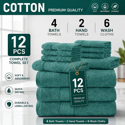 Towel Set 12 or 24 Piece Cotton Collection with Bath, Hand and Washcloth Formats in Seven Colors