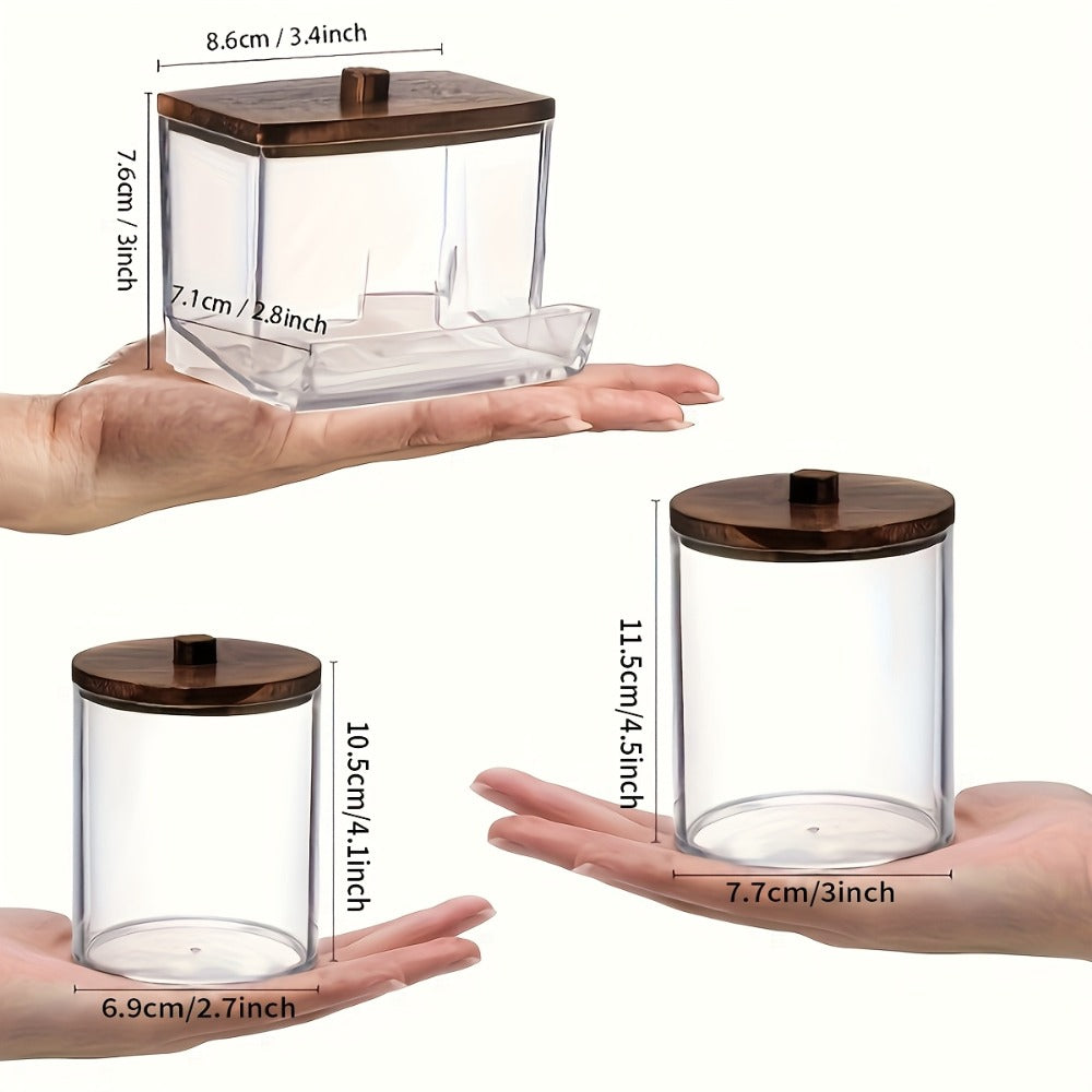 Three-Jar Clear Glass Storage Set with Two Round Jars, One Square Jar and Dark Bamboo-Look Lids