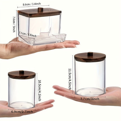 Three-Jar Clear Glass Storage Set with Two Round Jars, One Square Jar and Dark Bamboo-Look Lids