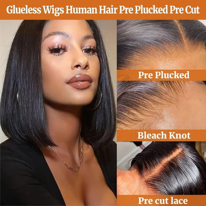 Bob Wig Human Hair 4x4 HD Lace Closure Glueless Short Straight Pre-Plucked Pre-Cut Lace Put, for Home, Travel and Salon Hair Styling