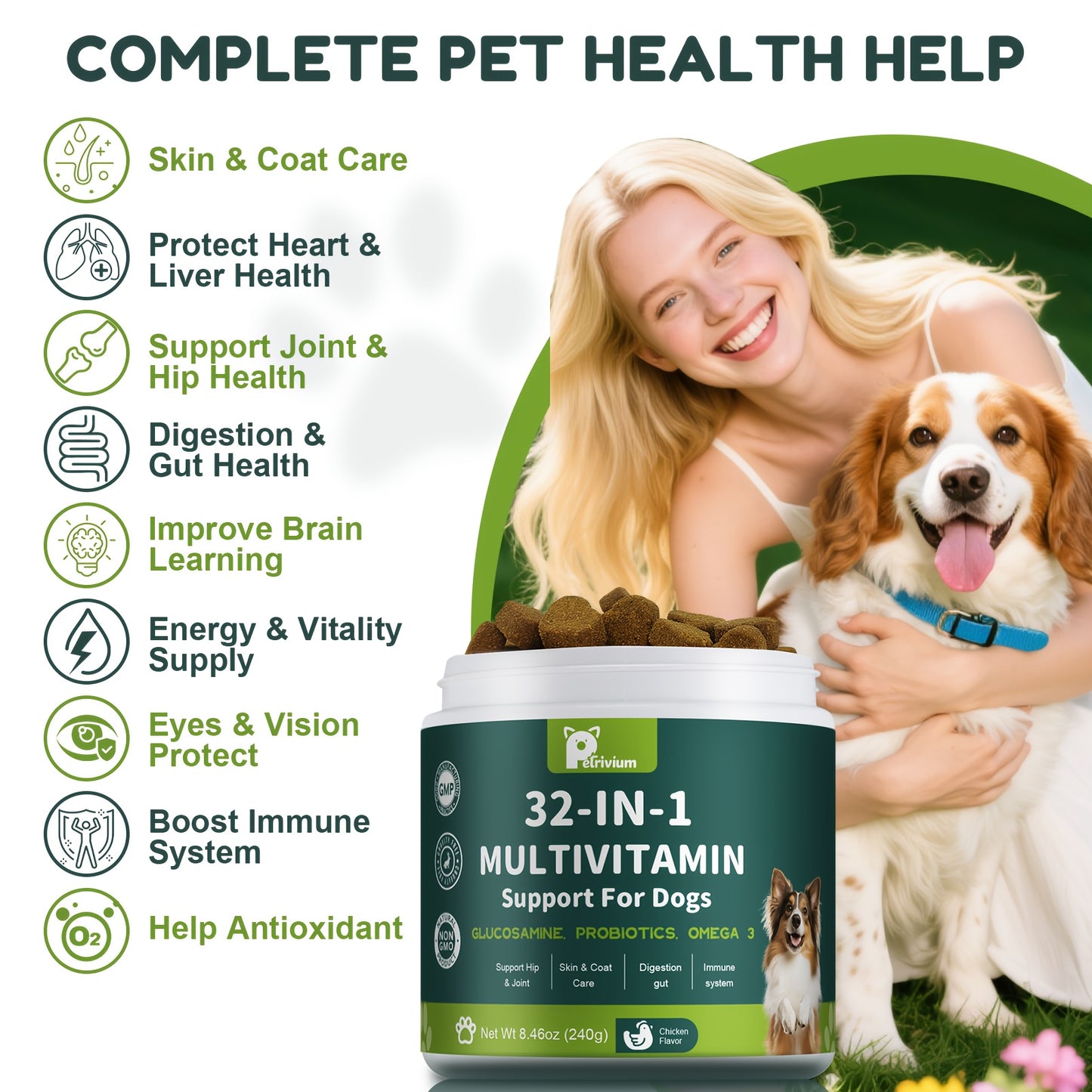 Dog Multivitamin Chews with Glucosamine & MSM, Omega 3 & 6, Probiotics – All-in-One Dog Vitamins & Supplements for Overall Health