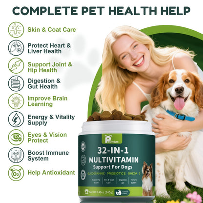 32-in-1 Dog Multivitamin Soft Chews, 8.47-Ounce Container with Glucosamine, Probiotics and Omega 3