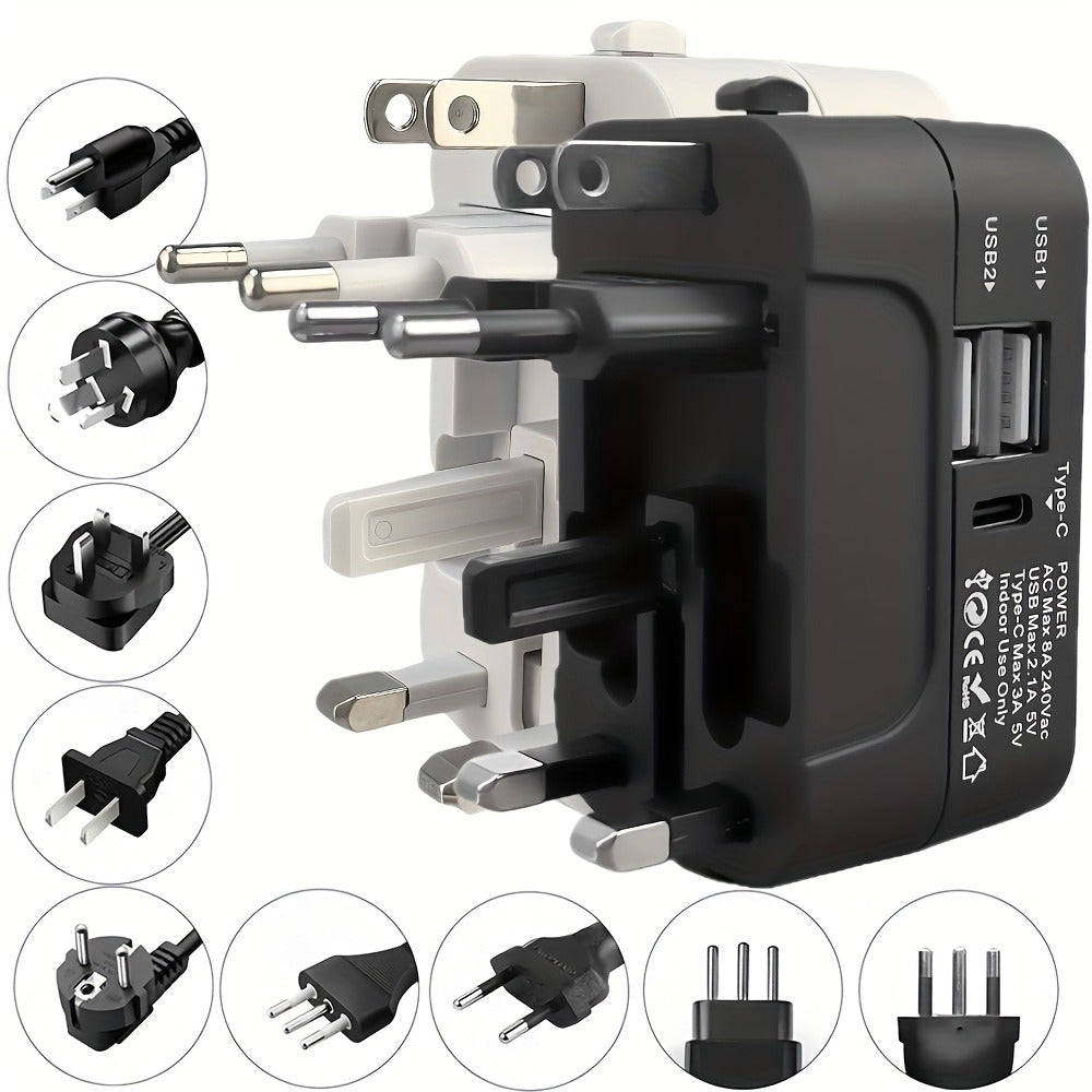 Universal Travel Adapter with Surge Protection - 2 USB & Type-C Ports, All-in-One International Plug for 350+ Countries
