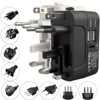 Universal Travel Adapter with Surge Protection - 2 USB & Type-C Ports, All-in-One International Plug for 350+ Countries
