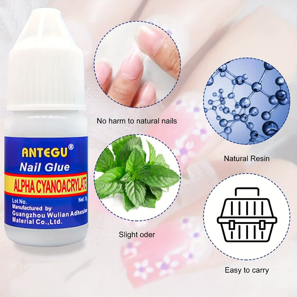 Nail Glue Set, ANTEGU 20 Pointed-Nozzle Bottles for Press-On Nails, Nail Tips, Rhinestones and Nail Repair