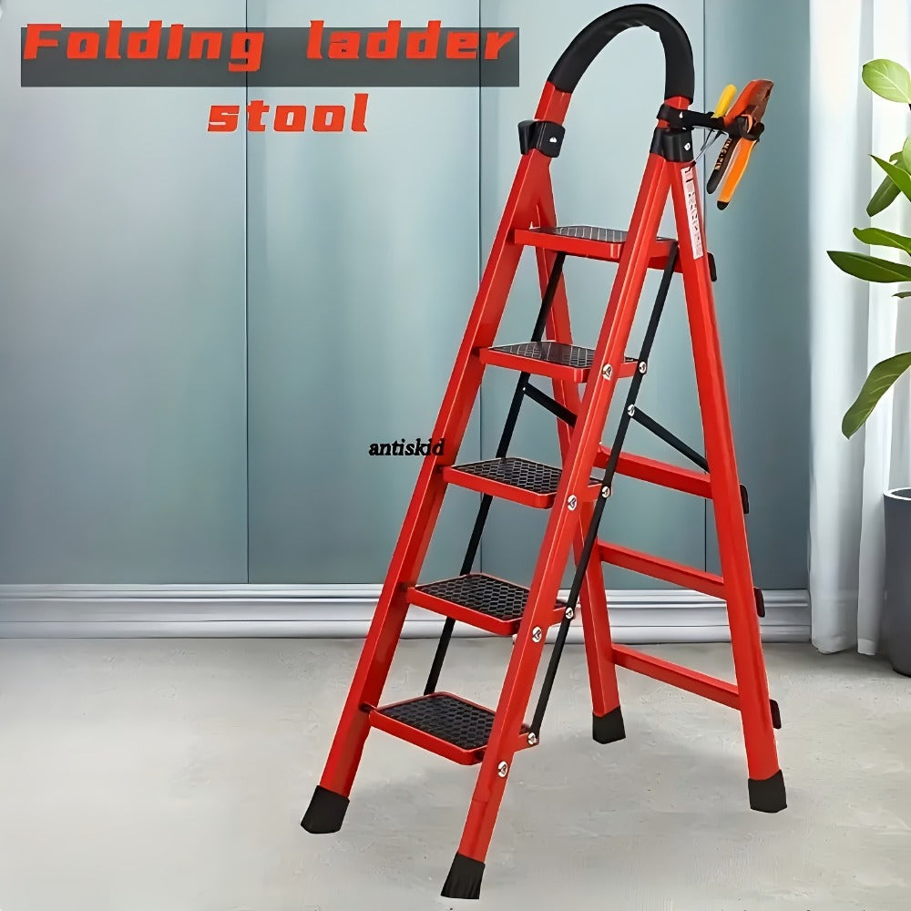 Red Five-Step Folding Ladder, 55.1 Inches Open with Padded Handrail, Side Tool Holder and Ribbed Treads