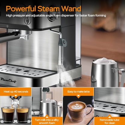 Espresso Machine Stainless Steel, Dual-Brew Coffee Maker with 54.1oz Water Tank, High-Pressure Steam Wand