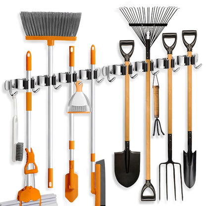 Wall Mounted Broom & Mop Holder – 304 Stainless Steel Broom Organizer with 4 Racks & 5 Hooks – Rustproof Non-Slip Wall Broom Hanger